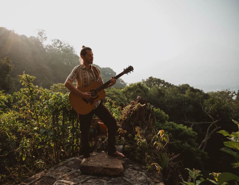 Yoga retreat Lake Atitlan february 2025 guitar express trees by volcano